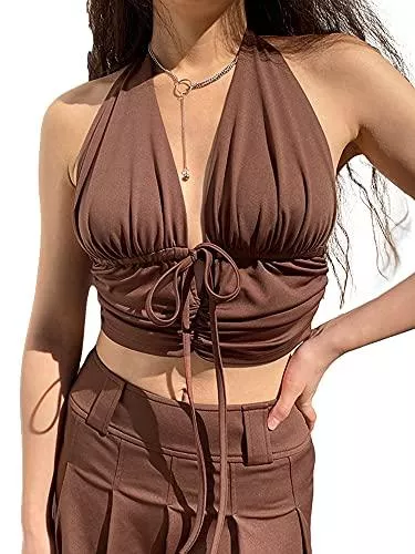 Huyghdfb Tops Huyghdfb Sexy Halfter Spaghetti Strap Crop Cami Top Criss Cross Schnürung rückenfreie Crop Tops für Frauen