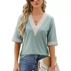 Atxnn Kurzarmblusen Atxnn Damen Kurzarm Bluse Bohème T Shirt V Ausschnitt Tops Casual Sommer Oberteile Solide Hohle Bequem und atmungsaktiv