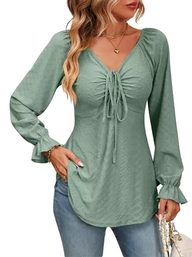 Atxnn Langarmblusen Atxnn Damen Blusen V Ausschnitt Oberteile mit Krawattenschleife Geraffte Langarmshirt Sexy Niedlich Tunika Tops Lässige Shirt Hemd Streetwear