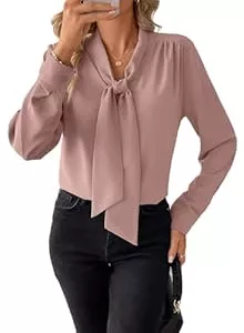 BLENCOT Langarmblusen BLENCOT Damen Bluse Langarm Hemdbluse Elegant V-Ausschnitt Casual Tunika Hemd Fliege Knoten Blusen Tops