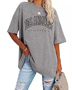 Ebifin T-Shirts Ebifin Oversize T Shirt Damen Vintage Kurzärmeliges Rundhals Los Angeles Oberteile Tops Casual Lockere Basic Sommer Tee Shirts Bluse.
