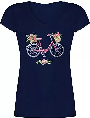 Shirtracer T-Shirts Shirtracer - Vintage - Vintage Fahrrad Wasserfarbe Blumen - Damen T-Shirt mit V-Ausschnitt