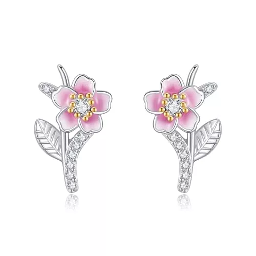 HUKKUN Schmuck Kirschblüten Ohrringe 925 Sterling Silber Rosa Blumen Ohrringe für Frauen Kirschblüten Schmuck Geschenke für Frauen