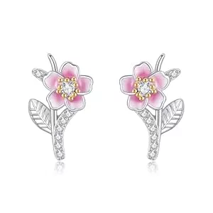 HUKKUN Schmuck Kirschblüten Ohrringe 925 Sterling Silber Rosa Blumen Ohrringe für Frauen Kirschblüten Schmuck Geschenke für Frauen