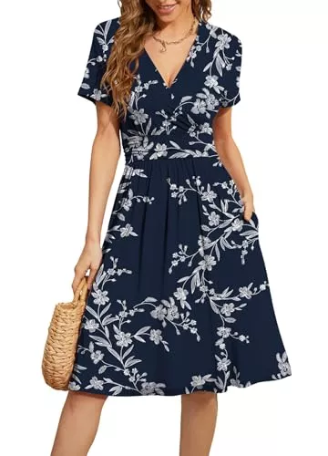 Actcat Freizeit Actcat V-Ausschnitt Kleid Kurzarm Casual Kleider Sommerkleid Floral Party Kleid mit Taschen