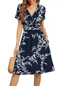 Actcat Freizeit Actcat V-Ausschnitt Kleid Kurzarm Casual Kleider Sommerkleid Floral Party Kleid mit Taschen