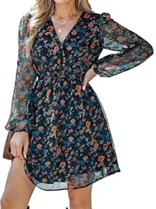 CUPSHE Freizeit CUPSHE Damen Kleid V Ausschnitt Wickeloptik Transparente Lange Ärmel Blumenmuster Freizeitkleider Wrap Mini Dress