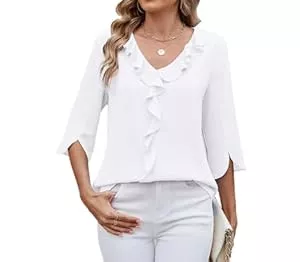 ROFUSSO Langarmblusen ROFUSSO Damen Bluse Elegant Langarm Oberteile Business Bluse 3/4-Ärmel V-Ausschnitt Ruffle Tops Sommer Casual Bluse