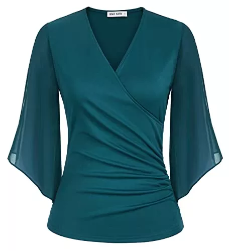 GRACE KARIN Langarmblusen GRACE KARIN Damen Elegant Chiffon Bluse 3/4 Ärmel Loose Fit V-Ausschnitt Tops Blumendruck Casual Shirt