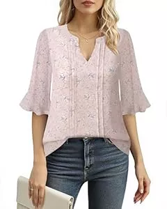 Bodhi talk Kurzarmblusen Bodhi talk Damen Bluse Elegant Blümchen Chiffon Shirts Sommer Arbeit Oberteile Business Casual Büro Party Tunika Hemd