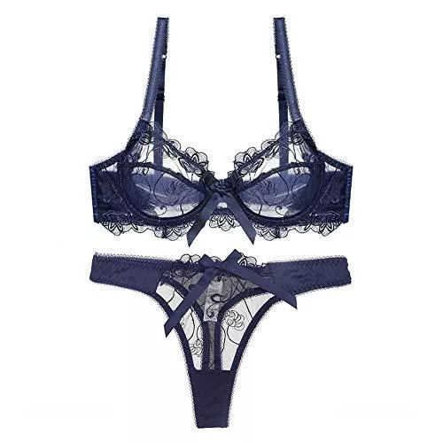 MEN.CLOTHING-LEE Unterwäsche & Dessous MEN.CLOTHING-LEE Fun-Unterwäsche Erotische Baby Dolls &amp; Negligees Damen Spitzen Dessous Bestickte Schleife Slim Tie Luxus Slim Push Up BH Set BH + Tanga 2PCS-Blau_75B