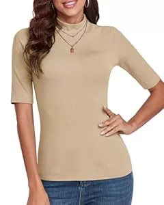 WOWENY Kurzarmblusen WOWENY Damen Kurzarmpullover elegant 1/2 Arm T-Shirt mit elastischem Stehkragen Rollkragen T-Shirt Baumwollen Basic Oberteile Bluse Shirt