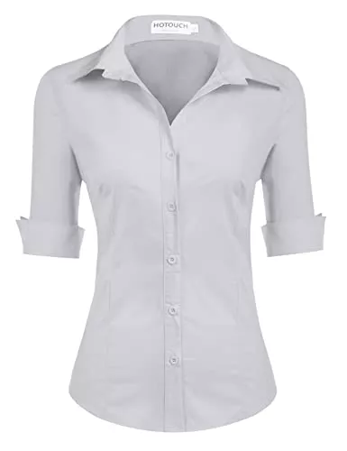 Hotouch Hemdblusen Hotouch Bluse Damen 3/4 Ärmel Büroblusen Slim Fit Hemd Baumwolle Hemdbluse Basic Shirt mit Knopleiste Kurzarm Oberteile V-Ausschnitt Blusenshirt Tops XS-XXL