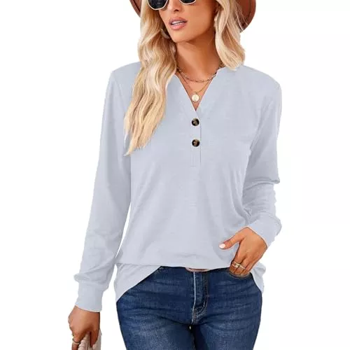 YNIQUE Hemdblusen YNIQUE Damen Langarmshirt Elegant Langarm Oberteile V-Ausschnitt Basic Tunika Bluse Knopfleiste
