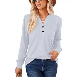 YNIQUE Hemdblusen YNIQUE Damen Langarmshirt Elegant Langarm Oberteile V-Ausschnitt Basic Tunika Bluse Knopfleiste