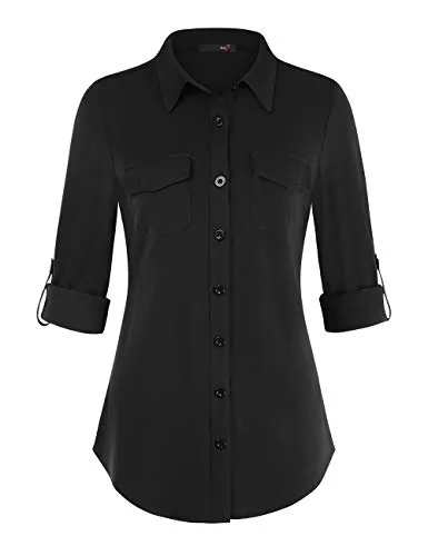 DJT Hemdblusen DJT Damen Weiches Gestrick Karierte Bluse Langarm 3/4 Roll Up Ärmel Hemdbluse Button-down Blusen Top