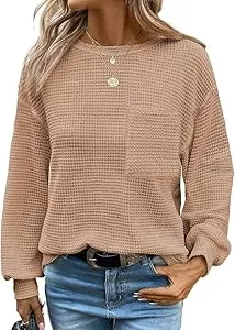 TANMESSO Langarmblusen TANMESSO Oversized Waffle Knit Crewneck Tops für Frauen - Casual Langarm Business Blusen 2024