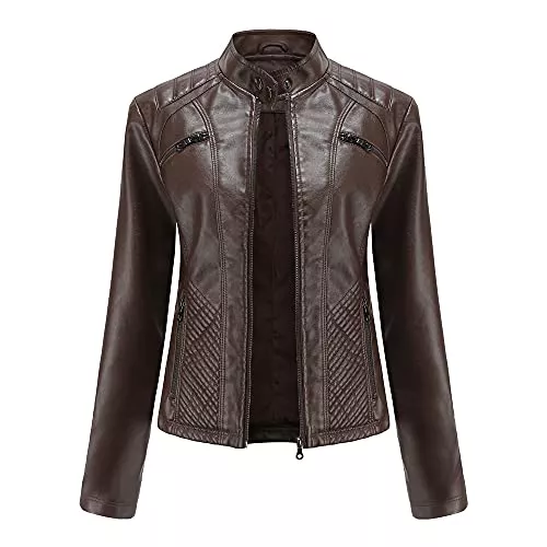 DISSA Jacken DISSA Damen Lederjacke Schlank Kurz Kunstleder Stehkragen Jacket Reißverschluss Motorrad Jacke für Frühling und Herbst,C03N