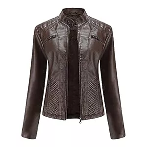 DISSA Jacken DISSA Damen Lederjacke Schlank Kurz Kunstleder Stehkragen Jacket Reißverschluss Motorrad Jacke für Frühling und Herbst,C03N