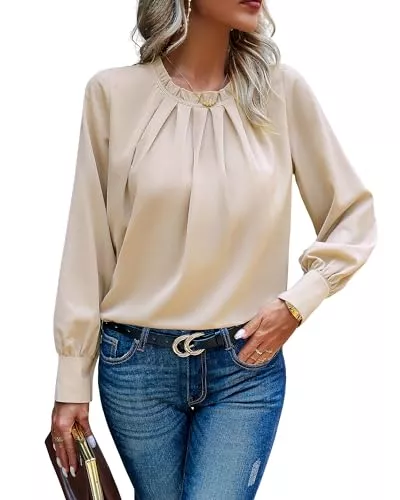 Atxnn Langarmblusen Atxnn Damen Bluse Chiffon Elegant Oberteile Langarm Tunika Falten Stehkragen Tops Casual Blusenshirt Locker Arbeit Shirts Hemd Streetwear