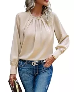 Atxnn Langarmblusen Atxnn Damen Bluse Chiffon Elegant Oberteile Langarm Tunika Falten Stehkragen Tops Casual Blusenshirt Locker Arbeit Shirts Hemd Streetwear