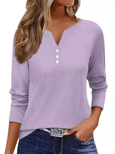 Minetom Langarmblusen Minetom Damen T-Shirt V-Ausschnitt Langarm Basic Tops Knopfleiste Elegant Einfarbig Oberteile Longsleeve T Shirt