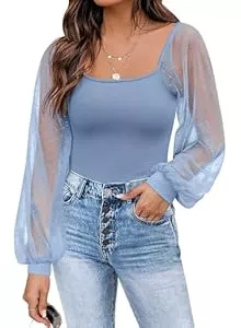 Timuspo Langarmblusen Timuspo Damen Bluse Puffärmel Slim Fit Elegant Ribbed Knit Langarmshirt Tops Mesh Oberteile Rundhals Ausschnitt T Shirts mit Polka Dots