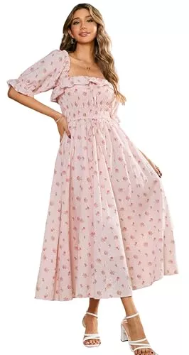 R.Vivimos Cocktail R.Vivimos Damen Polka Dot Slim Fit halbe Hülsenkleider Quadratischer Kragen Langes Midikleid