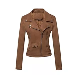 DISSA Jacken DISSA Damen Wildleder Motorrad Jacke Lederjacke Schlank Reißverschluss Revers Kurz Mantel,P120-1