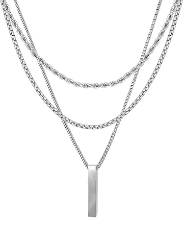 RUGGED steel Schmuck RUGGED steel - Damen Layering Ketten Set Edelstahl - 3 Halsketten -&gt; 7 Styles - Kordelkette 40+8 cm - Boxkette 45 cm - Venezianerkette 50 cm + Stab-Anhänger - Silber Gold Roségold - inkl. Schmuck-Box