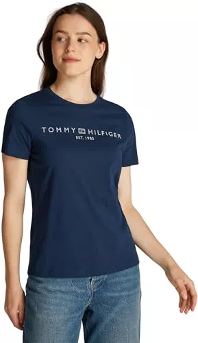 Tommy Hilfiger T-Shirts Tommy Hilfiger Damen T-Shirt Kurzarm Logo Rundhalsausschnitt, Blau (Dark Night Navy), M