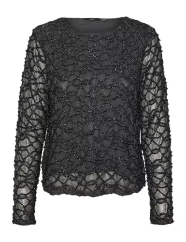 VERO MODA Langarmblusen VERO MODA Damen Vmelga Ls Short Boatneck Glitter Top JRS Langarmbluse