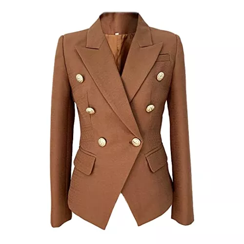 Fulbant Blazer Fulbant Damen Metall Gold Löwe Knopf Zweireihig Slim Fit Baumwolle Leinen Büro Braun Blazer