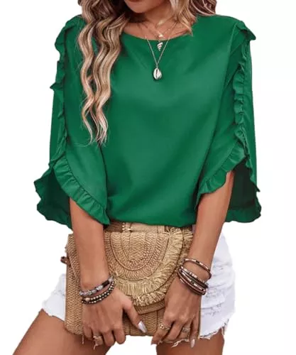 Yeenily Kurzarmblusen Yeenily Bluse Damen 3/4 Langarm Tunika Elegant Rüschen Langarmshirt Rundhal Mode Hemd Oberteile Freizeit Tshirt Tops