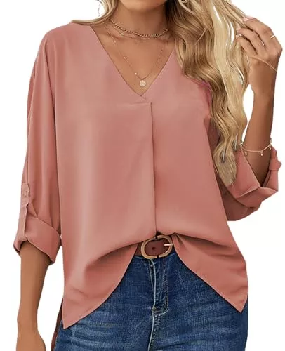 MYSSUCI Langarmblusen MYSSUCI Chiffon Damen Bluse 3/4 Ärmel V Ausschnitt Damen Oberteil Elegant Locker Shirt Tunika Tops