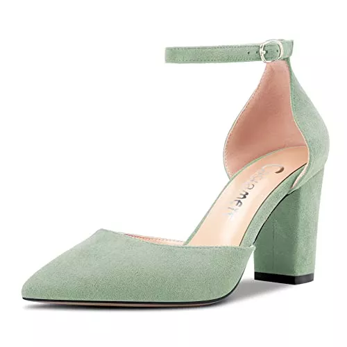 Castamere High Heels Castamere Damen Chunky Blockabsatz Hoher High Absatz Heel Spitze Zehenkappe Pumps Knöchelriemen Schnalle Hochzeit Party Sexy 8.5 cm Heels