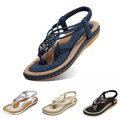 Camfosy Sandalen & Slides Camfosy Sandalen Damen Flach Sommer, Zehentrenner Strand Bohemian Sandalen mit Weiche Fußbett Freizeit Sommerschuhe Mädchen Mode Webmuster Urlaub rutschfest Flip Flops - Schwarz Gr.36-44