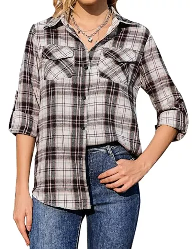 Aottori Hemdblusen Aottori Damen Baumwolle Hemd Kariertes Karo-Hemd Langarm Button-down V-Ausschnitt Karohemd Bluse Tunika Tops Hemd T-Shirt Casual Freizeit Sommer Blusenshirt