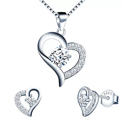 Yumilok Schmuck Yumilok Damen Schmuckset Halskette mit Herz Liebe Zirkonia Anhänger & Damen Ohrstecker Ohrringe aus 925 Sterling Silber für Frau Mädchen