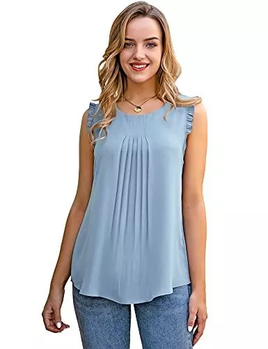 VAFOLY Ärmellose Blusen VAFOLY Damen Chiffon Ärmellos Top Sommer Elegant Weste Top Plissiert Rüschenbesatz Oberteile