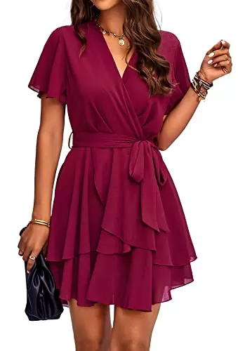 Jiraewh Party Jiraewh Damen Chiffon Kurz Kleid V-Ausschnitt Kurzarm Sommerkleid Tunika Kleider Einfarbig Elegant Rüschen Minikleid Casual Swing Skater Kleid Hohe Taille Partykleid Wickelkleid mit Gürtel
