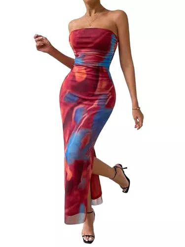 Floerns Party Floerns Damen Batikkleid, trägerlos, gerüscht, geteilt, Oberschenkel, figurbetontes, langes Schlauchkleid