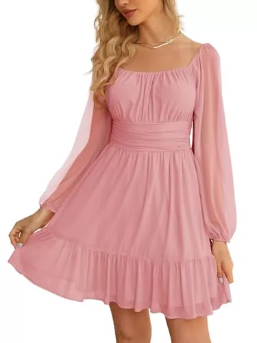 Imily Bela Party Imily Bela Damen Kleider Square Neck Partykleid Mesh Minikleid High Waist Falten Langarmkleid Hochzeitsgast mit Rüschen