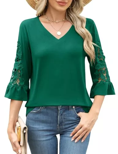 iWoo Langarmblusen iWoo Bluse Damen Elegant V-Ausschnitt 3/4 Ärmel Casual Tunika mit Sexy Spitze Rüschenärmel Tops S-2XL