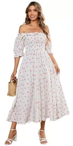 R.Vivimos Freizeit R.Vivimos Damen Polka Dot Slim Fit halbe Hülsenkleider Quadratischer Kragen Langes Midikleid