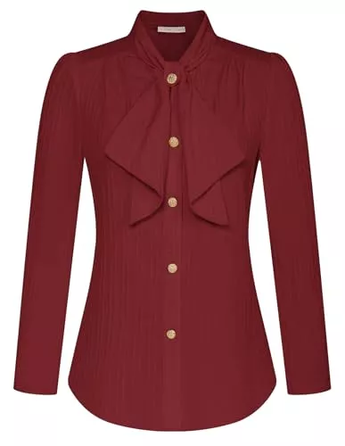 Belle Poque Langarmblusen Belle Poque Bluse Damen Langarm Button Down Oberteile Vintage Fliege strukturiertes Hemd Bluse Büro Arbeit Shirt Top