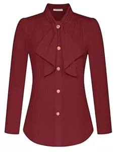 Belle Poque Langarmblusen Belle Poque Bluse Damen Langarm Button Down Oberteile Vintage Fliege strukturiertes Hemd Bluse Büro Arbeit Shirt Top