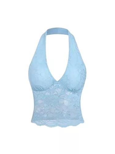 GORGLITTER Ärmellose Blusen GORGLITTER Damen Neckholder Trägertop Rückenfreies Oberteil Stretch Tops Crop Top mit Kontrast Spitzen