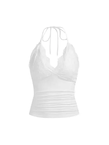GORGLITTER Tops GORGLITTER Damen Y2k Camisole Trägertop Crop Top Neckholder Oberteil Halter Tops mit Kontrast Spitze