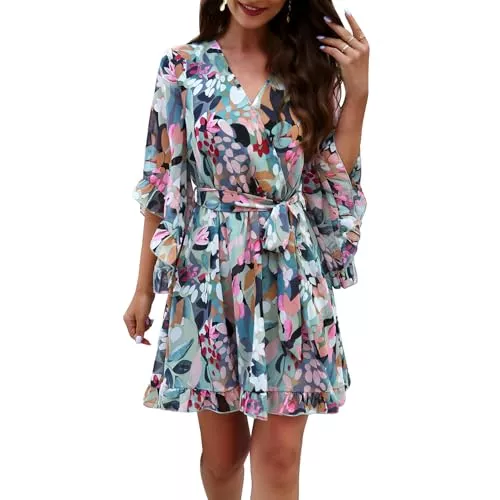 Odizli Freizeit Odizli Sommerkleid Damen Kurz Elegant Blumen Chiffon V-Ausschnitt Wickelkleid